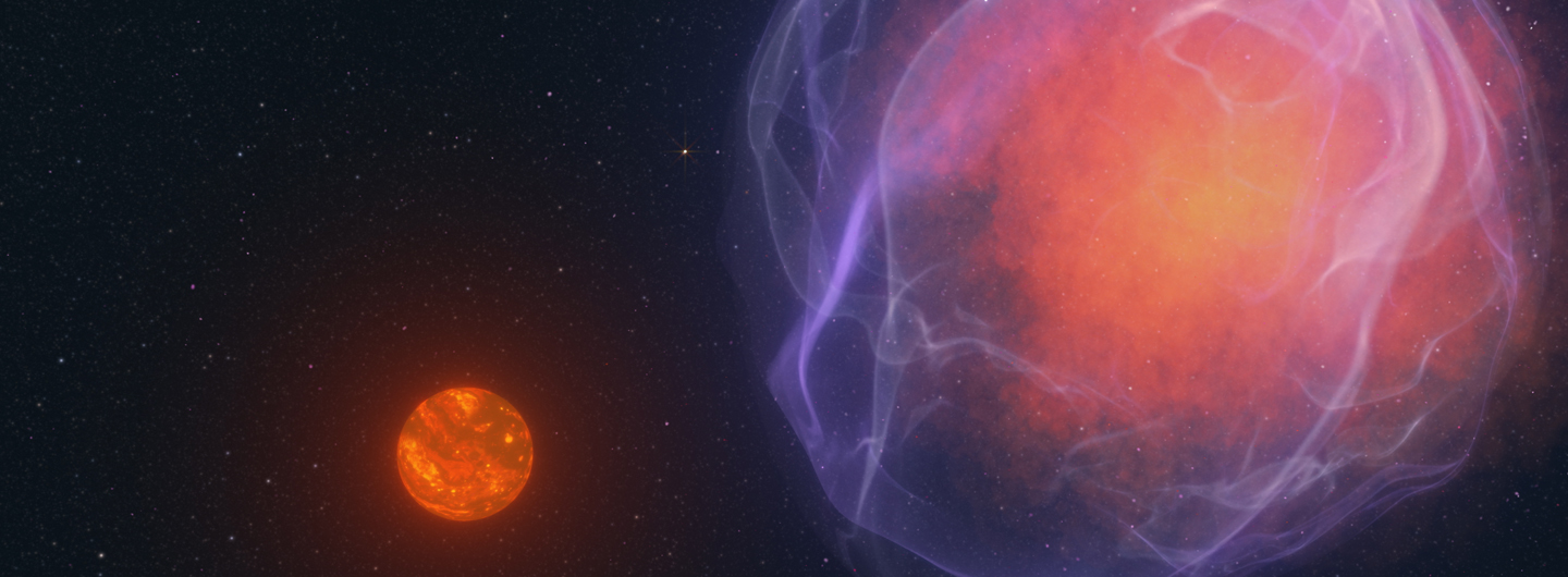 small star next to giant exploding supernova