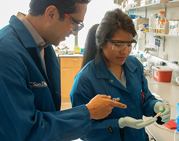 Neal Devaraj works with a student in his lab at UC San Diego. Photo by Michelle Fredricks, UC San Diego Physical Sciences 